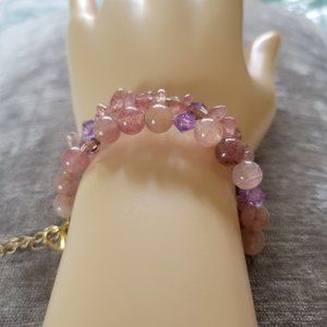 Double Amethyst Crystal Quartz Purple Pink Bracelet